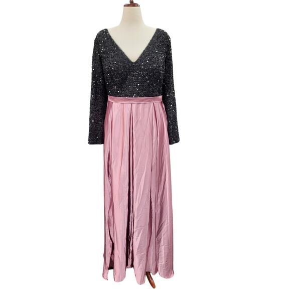 NWT Women's Black Pink Long Sleeve Sequin Gown Size 28 - Picture 1 of 13